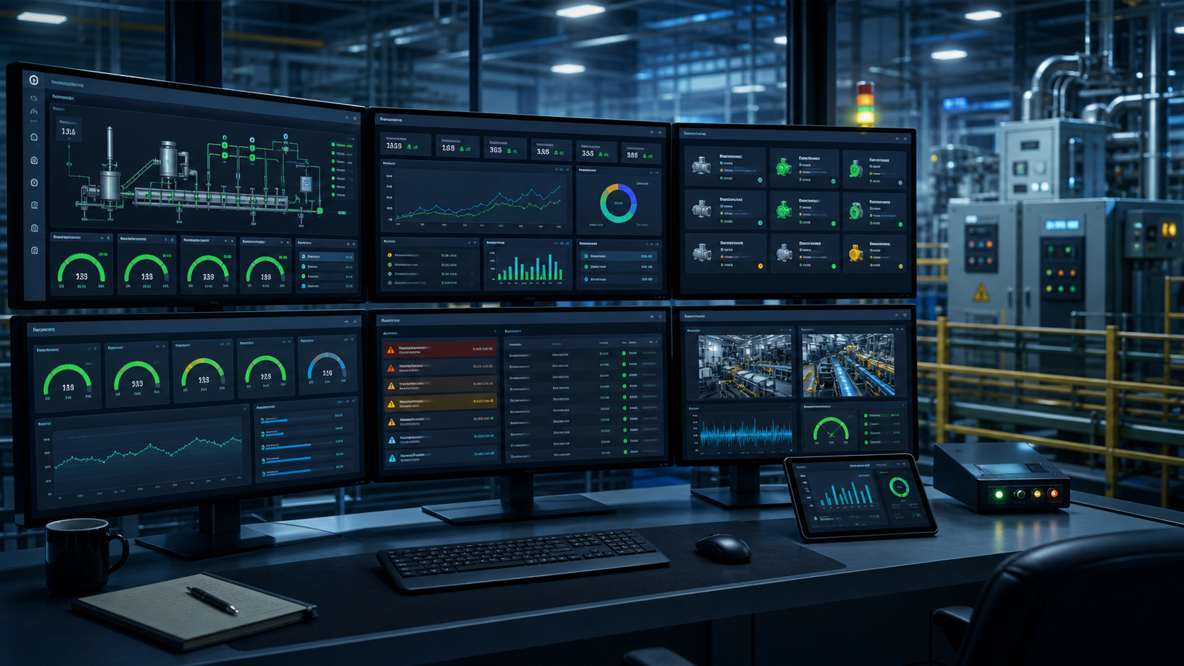 Industrial remote monitoring workstation with dashboards, equipment status, trends, and alarm panels